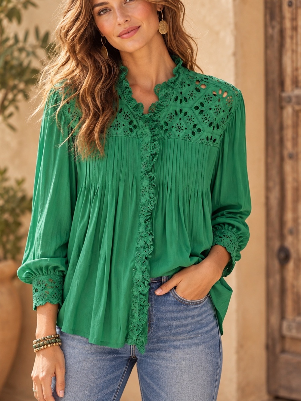 Sundance Green Pleated Crochet Lace Peasant Ruffle Blouse Boho Western Size M